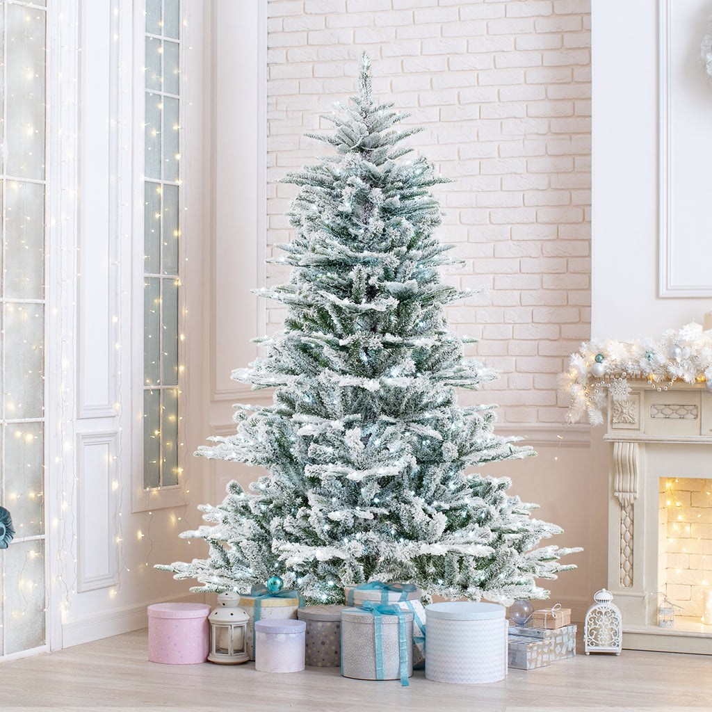 6 Ft Snow Flocked Artificial Christmas Tree with Cool White LED Lights - Full Tips