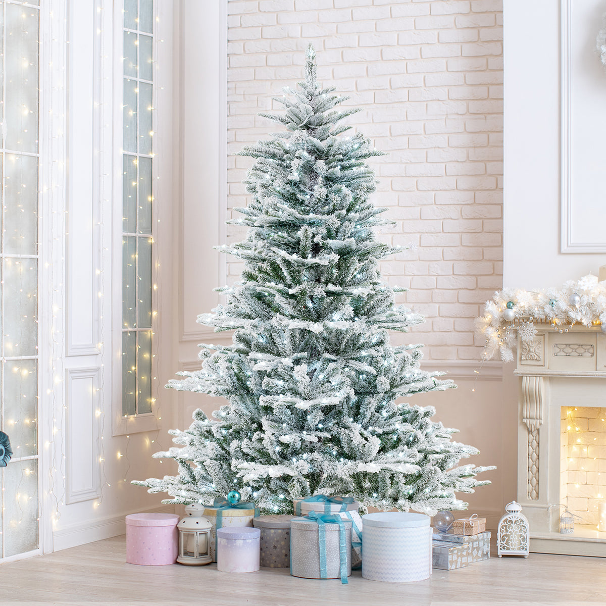 6 Ft Snow Flocked Artificial Christmas Tree with Cool White LED Lights - Full Tips