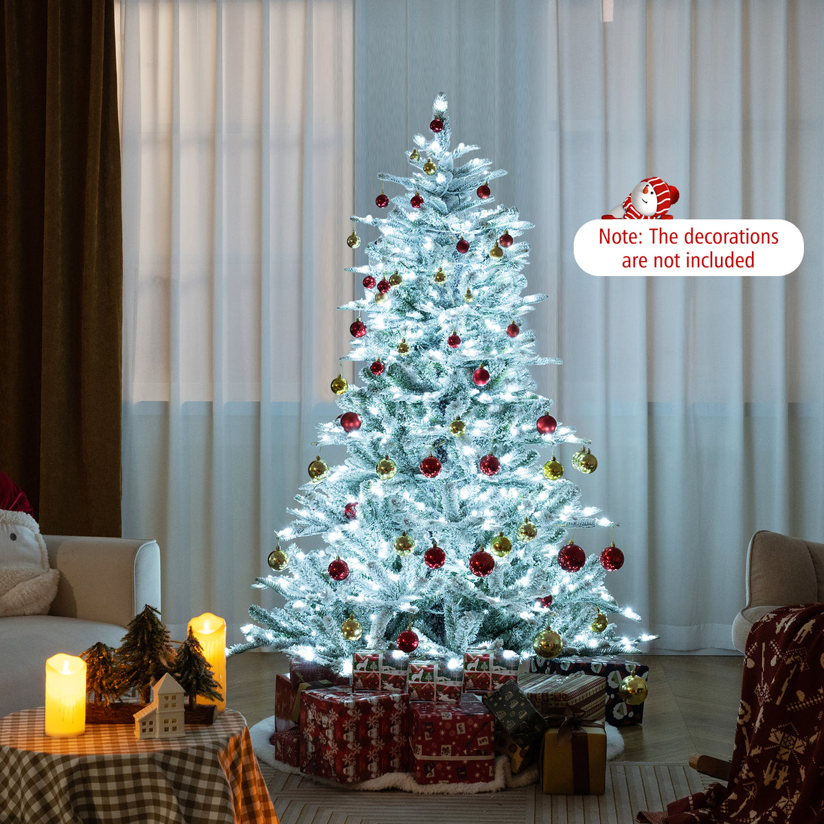 6 Ft Snow Flocked Artificial Christmas Tree with Cool White LED Lights - Full Tips