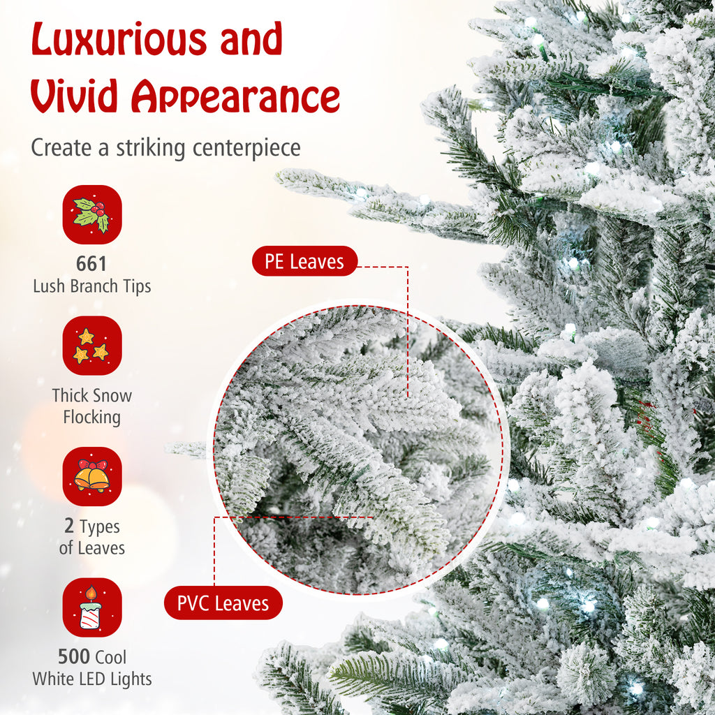6 Ft Snow Flocked Artificial Christmas Tree with Cool White LED Lights - Full Tips