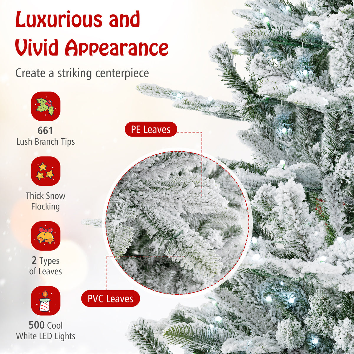 6 Ft Snow Flocked Artificial Christmas Tree with Cool White LED Lights - Full Tips