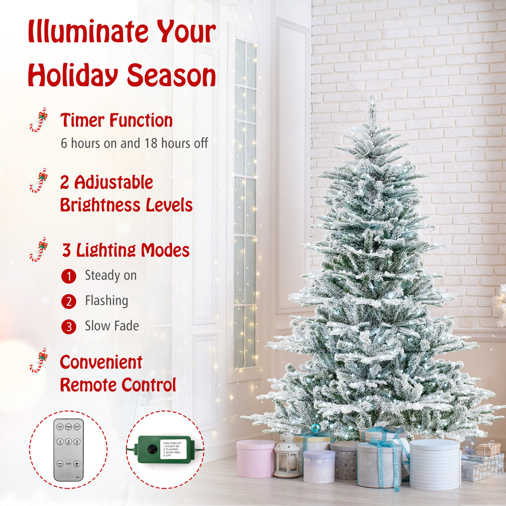 6 Ft Snow Flocked Artificial Christmas Tree with Cool White LED Lights - Full Tips