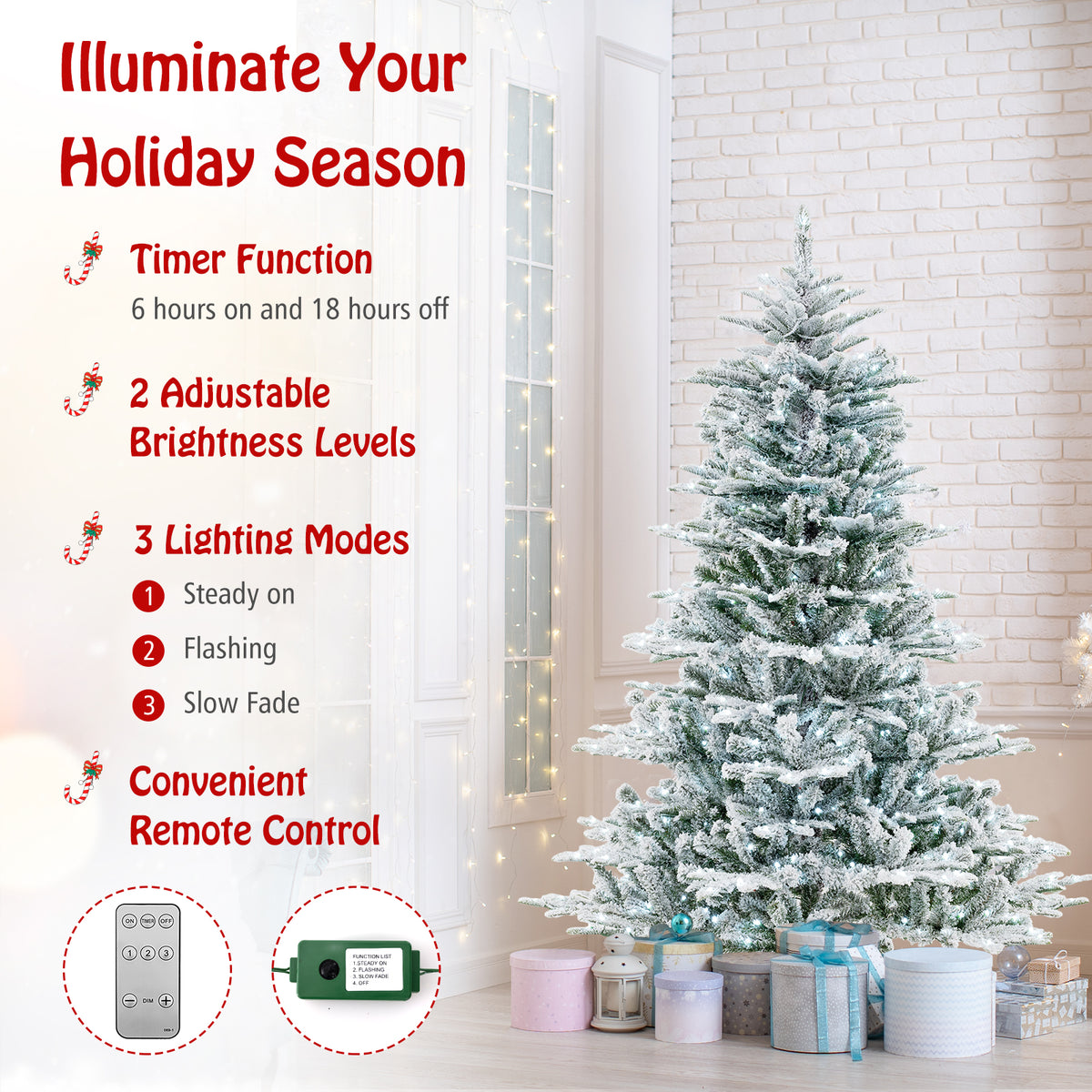 6 Ft Snow Flocked Artificial Christmas Tree with Cool White LED Lights - Full Tips