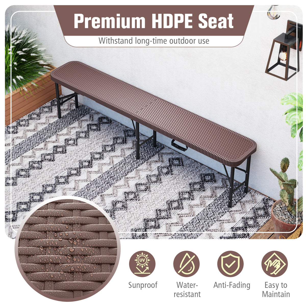 6 ft Plastic Folding Bench with 1320 LBS Capacity and Handle