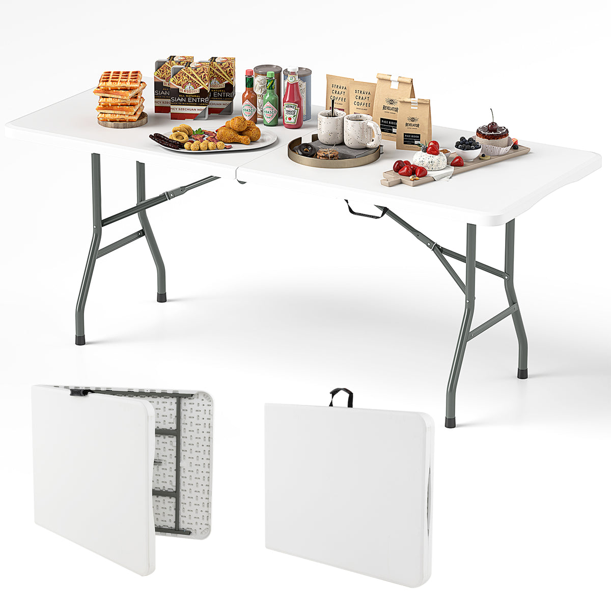 6 ft Portable Folding Table 350 LBS Fold-in-Half with HDPE Tabletop