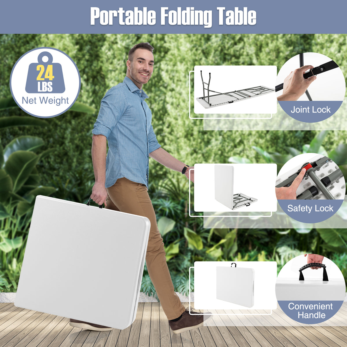 6 ft Portable Folding Table 350 LBS Fold-in-Half with HDPE Tabletop