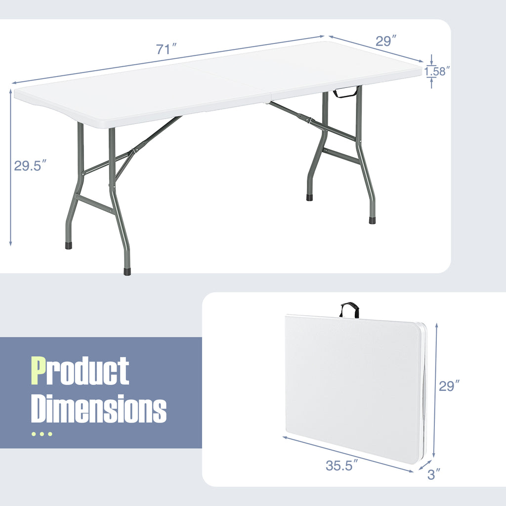 6 ft Portable Folding Table 350 LBS Fold-in-Half with HDPE Tabletop