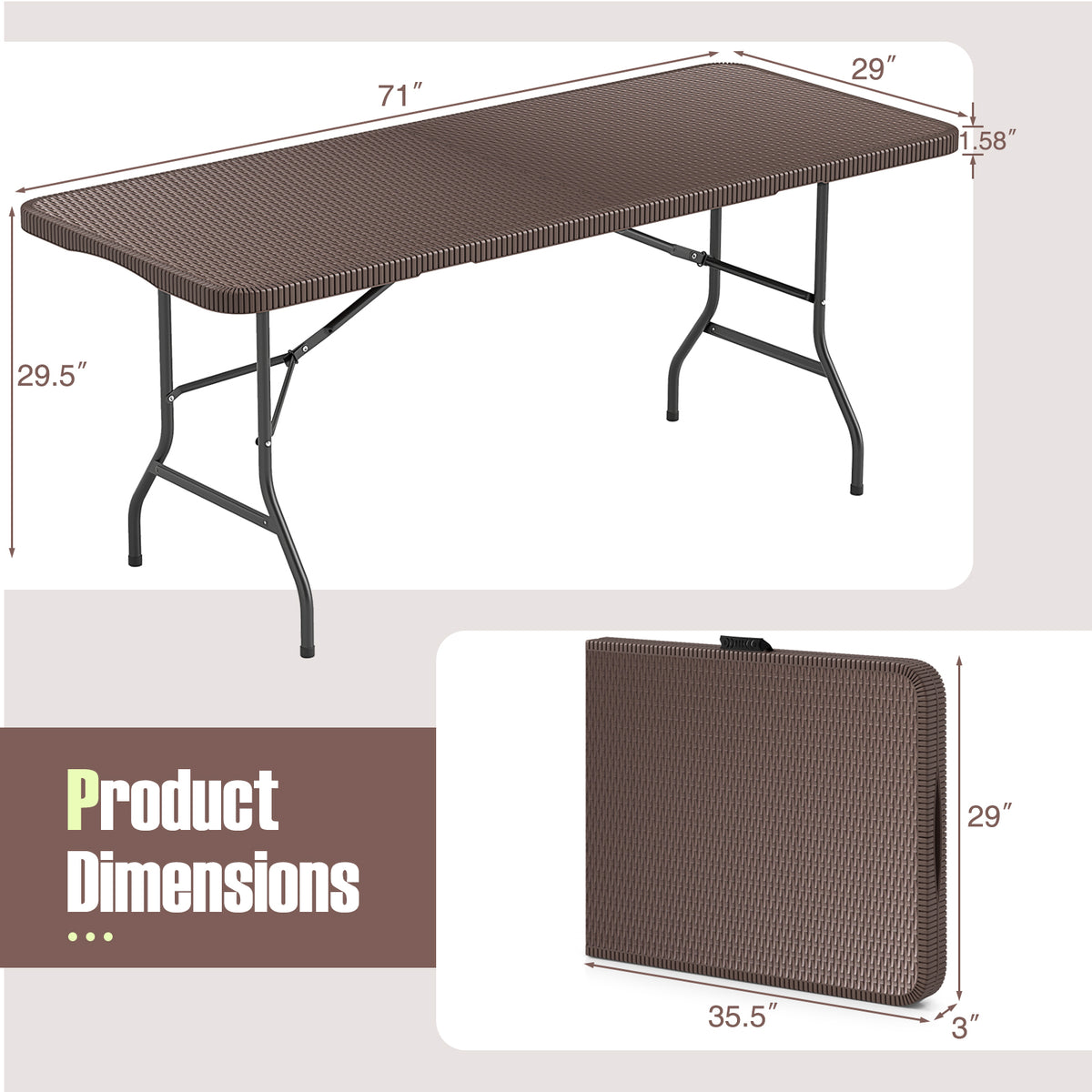 6 ft Portable Folding Table, 71" x 29", Brown