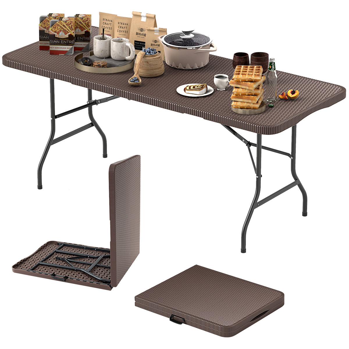 6 ft Portable Folding Table, 71" x 29", Brown