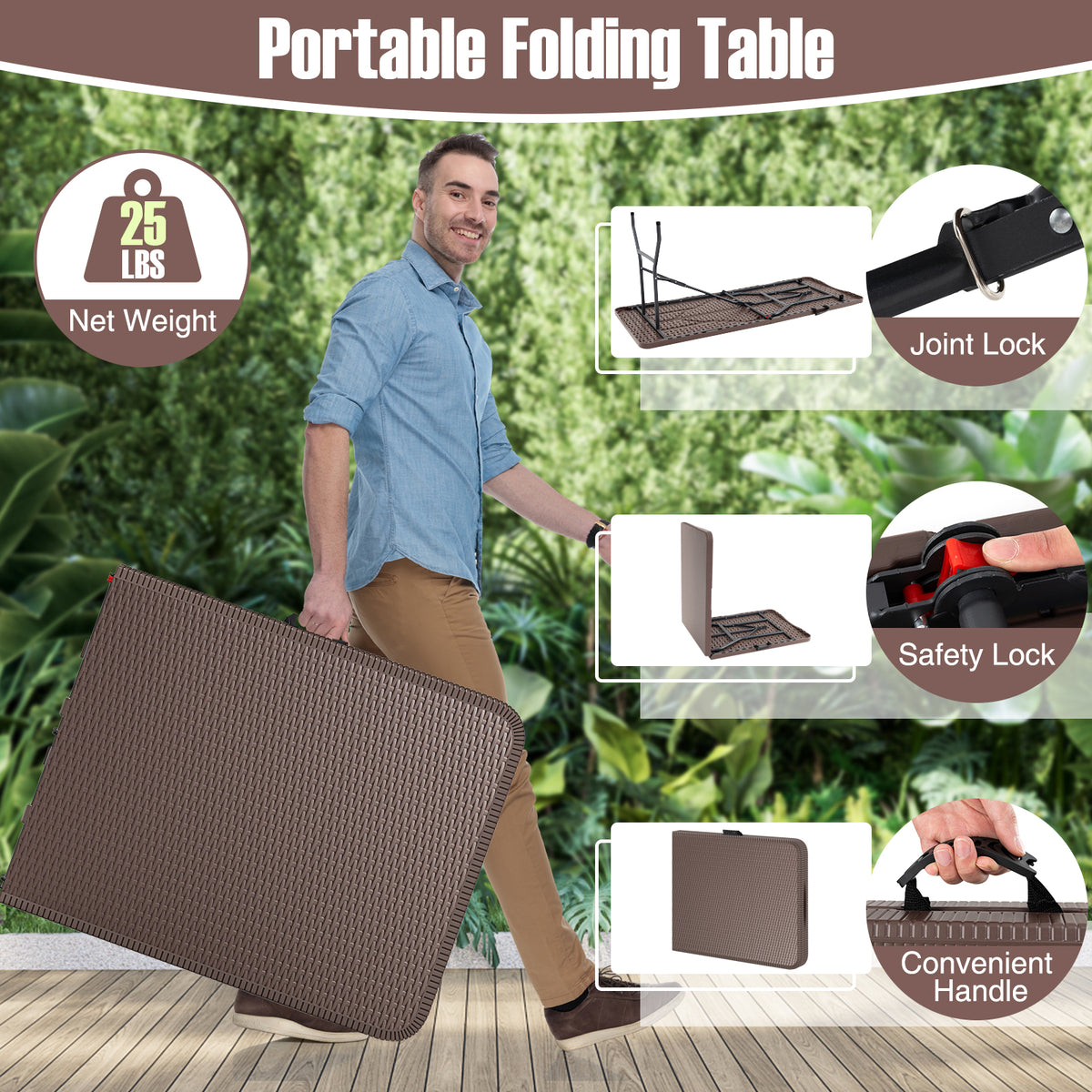 6 ft Portable Folding Table, 71" x 29", Brown