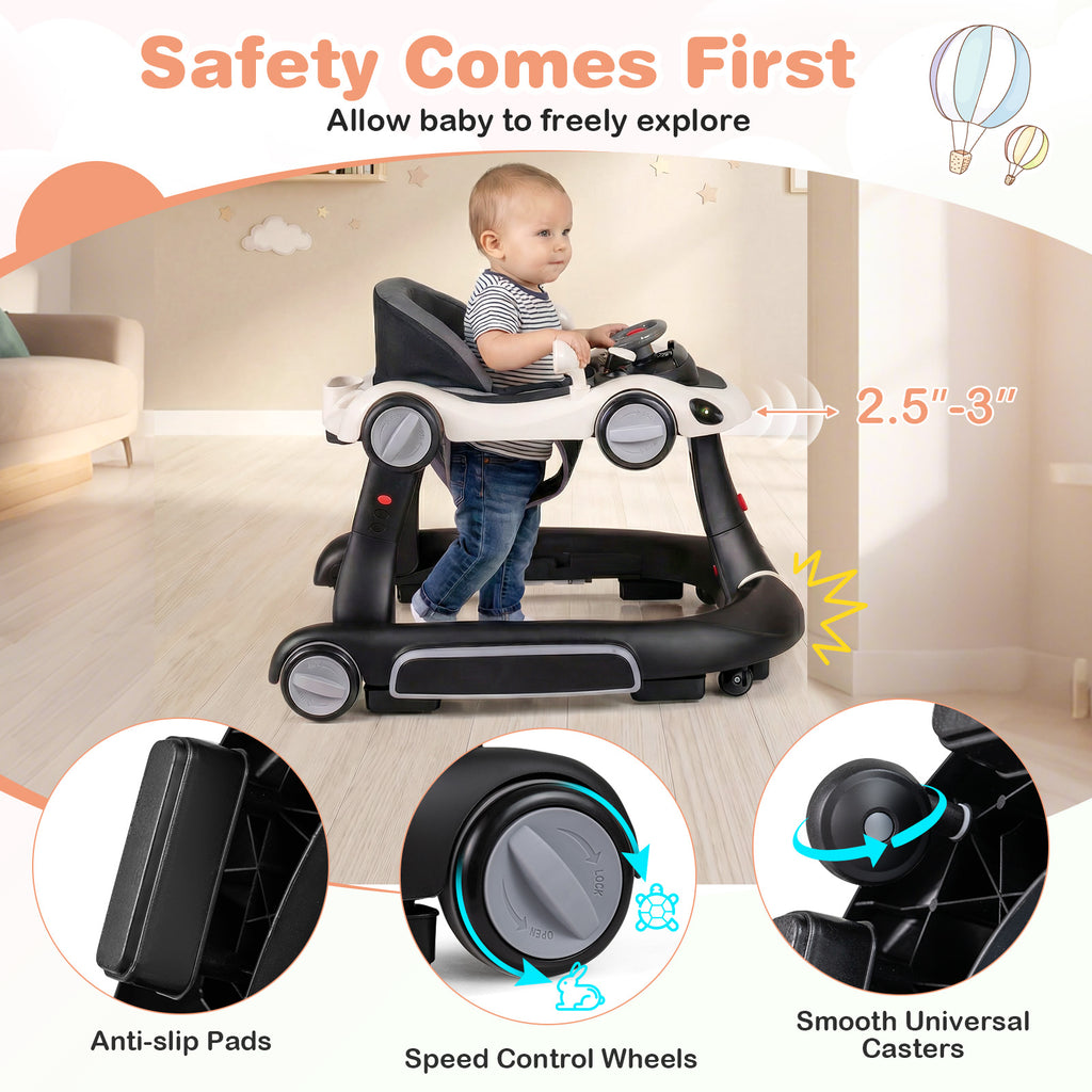 6-in-1 Baby Walker with Canopy & Activity Center - White, Portable & Adjustable
