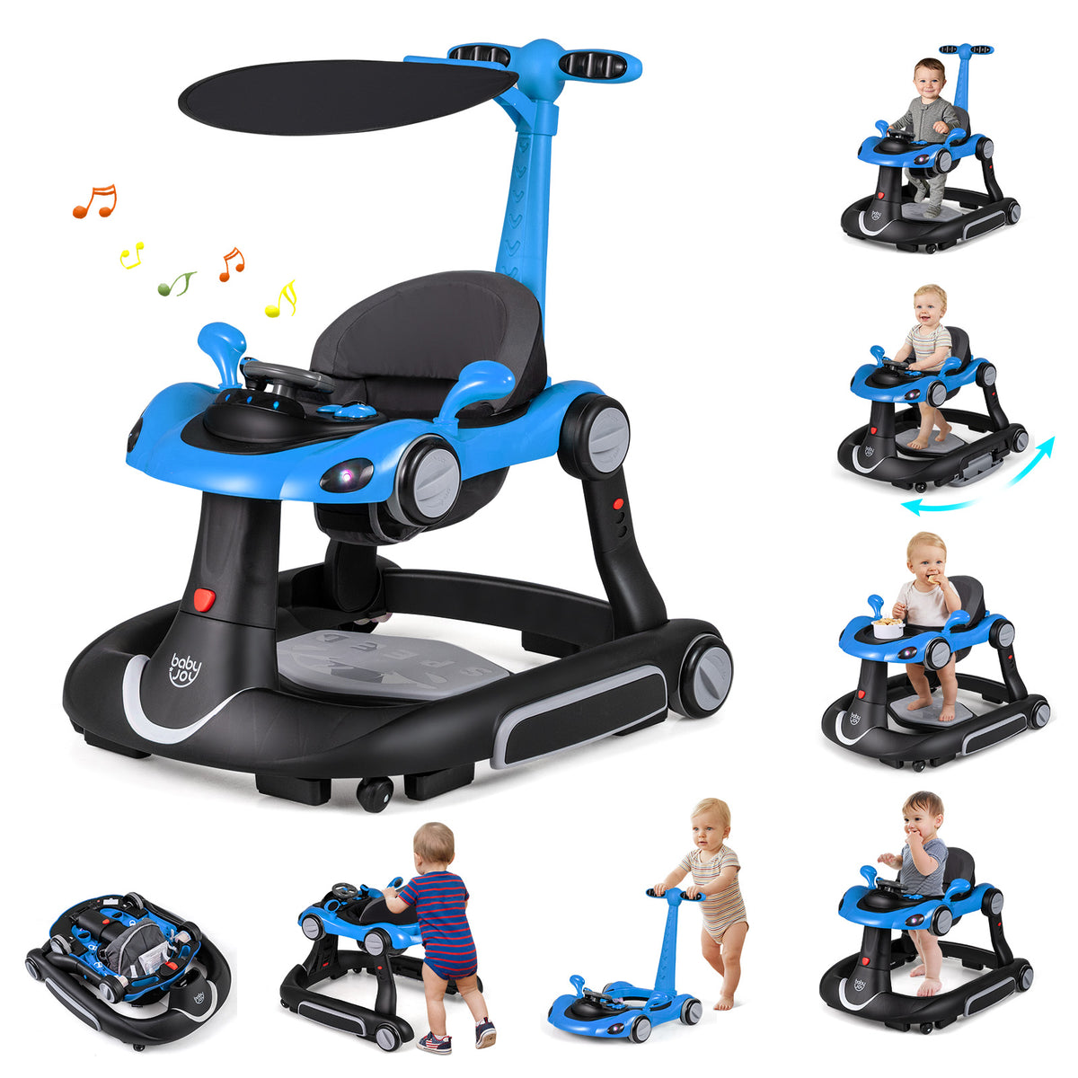 6-in-1 Baby Walker with Canopy - Blue Portable Activity Center & Rocker