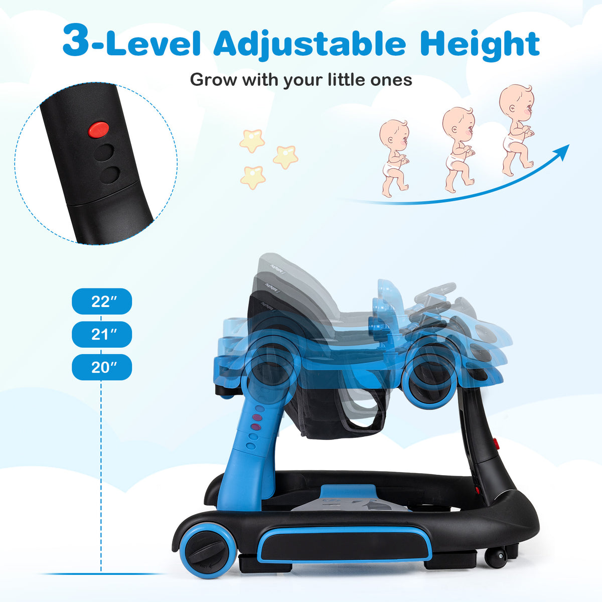6-in-1 Baby Walker with Canopy - Blue Portable Activity Center & Rocker