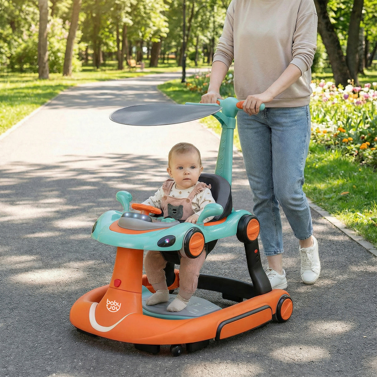 6-in-1 Baby Walker with Canopy & Activity Center - White, Portable & Adjustable