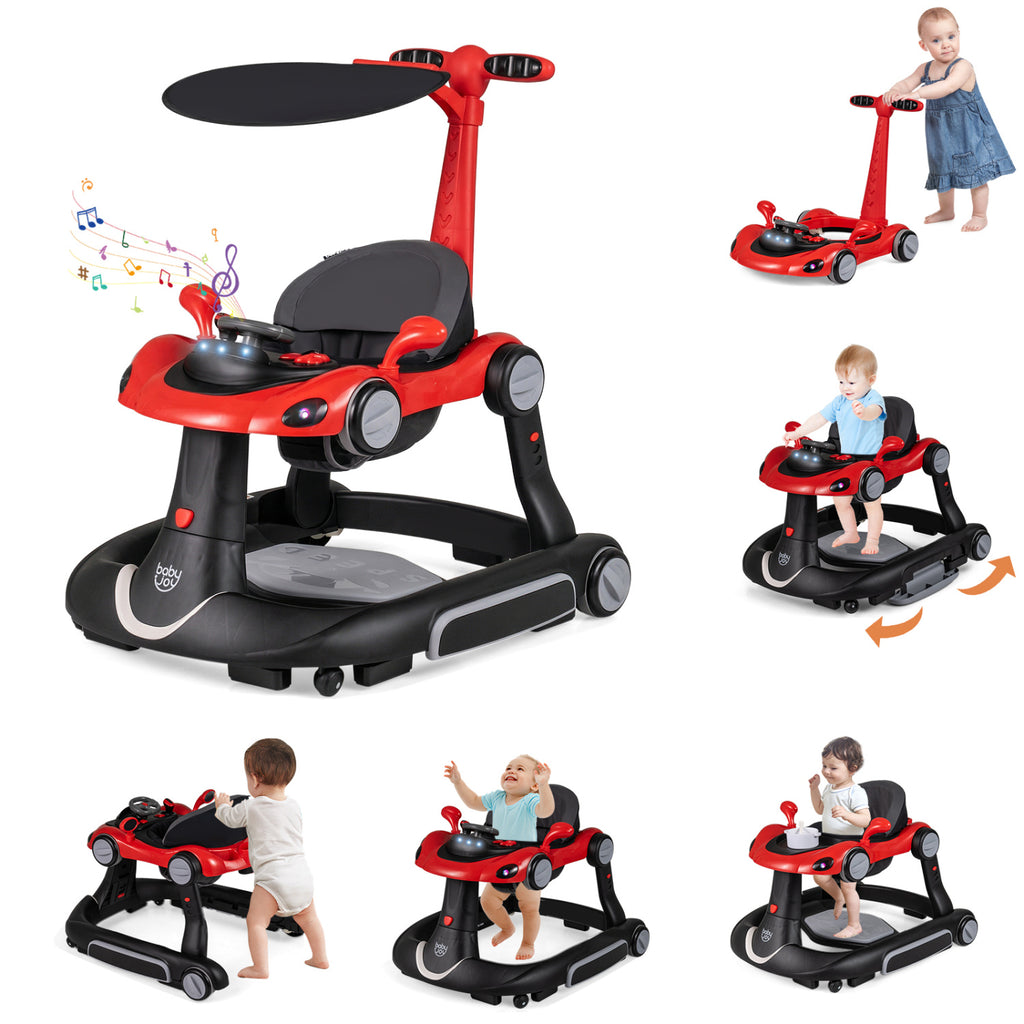 6-in-1 Baby Walker with Canopy & Music - Red Portable Activity Center