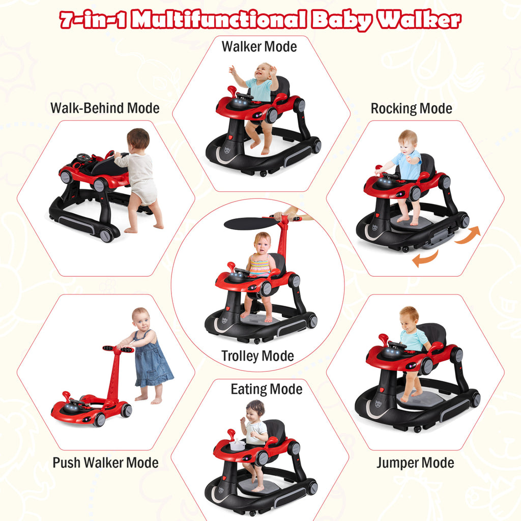 6-in-1 Baby Walker with Canopy & Music - Red Portable Activity Center