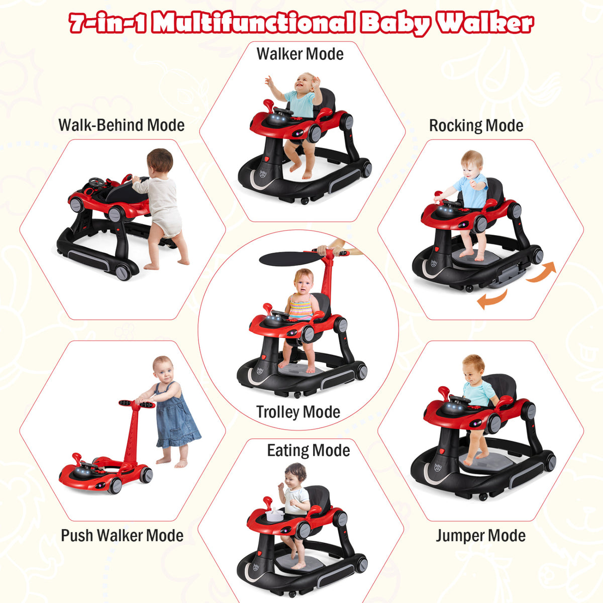 6-in-1 Baby Walker with Canopy & Music - Red Portable Activity Center