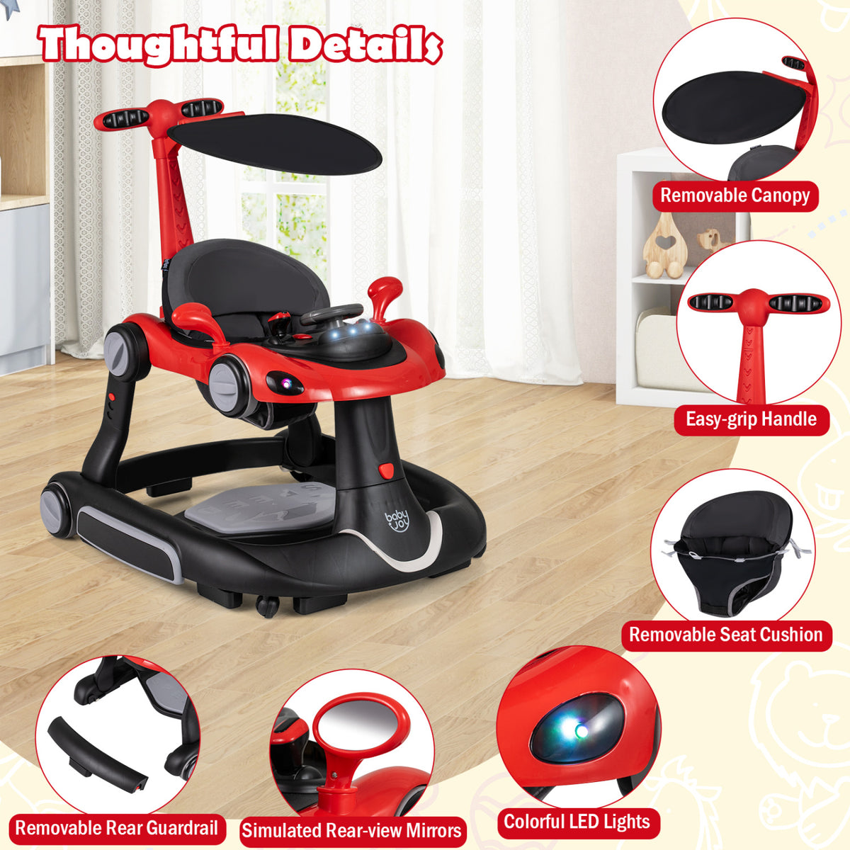 6-in-1 Baby Walker with Canopy & Music - Red Portable Activity Center