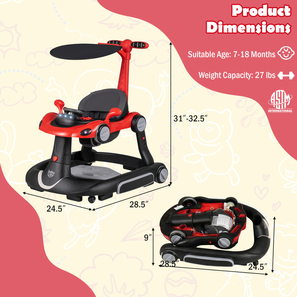 6-in-1 Baby Walker with Canopy & Music - Red Portable Activity Center