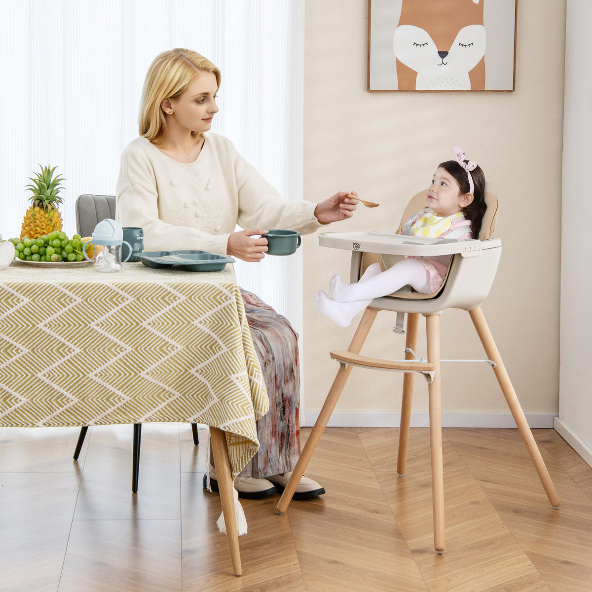 Light Brown 6-in-1 Convertible Wooden Baby Highchair with Safety Harness & Adjustable Legs