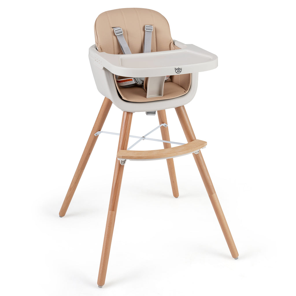Light Brown 6-in-1 Convertible Wooden Baby Highchair with Safety Harness & Adjustable Legs