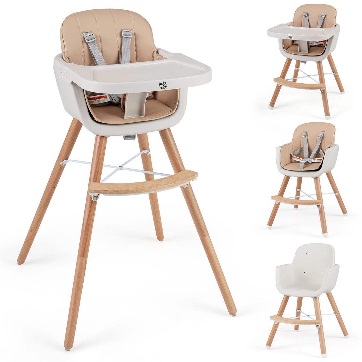 Light Brown 6-in-1 Convertible Wooden Baby Highchair with Safety Harness & Adjustable Legs