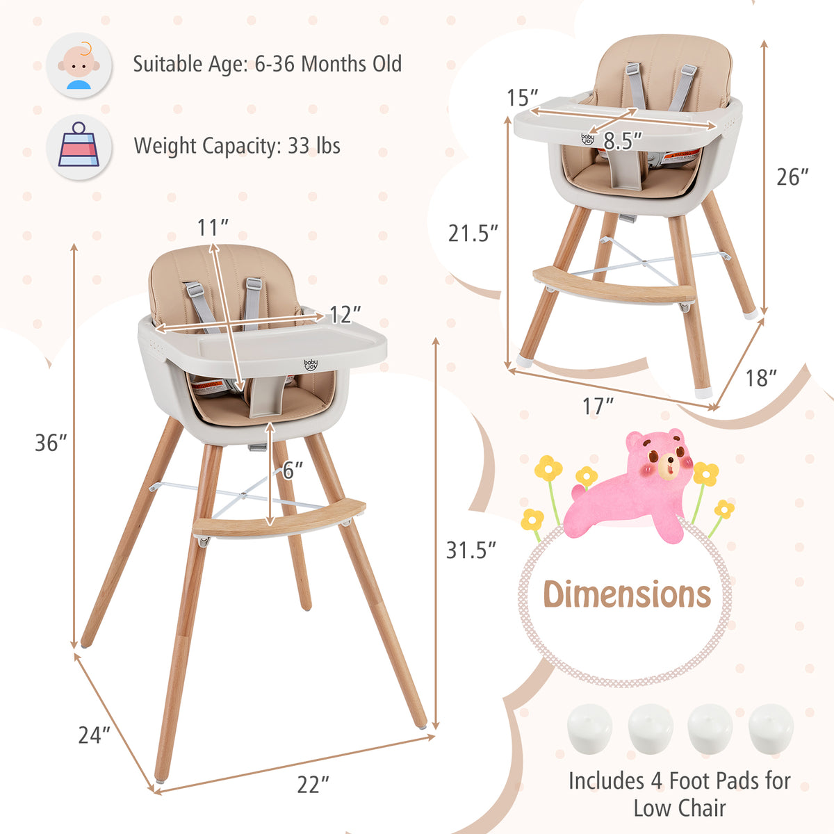 Light Brown 6-in-1 Convertible Wooden Baby Highchair with Safety Harness & Adjustable Legs