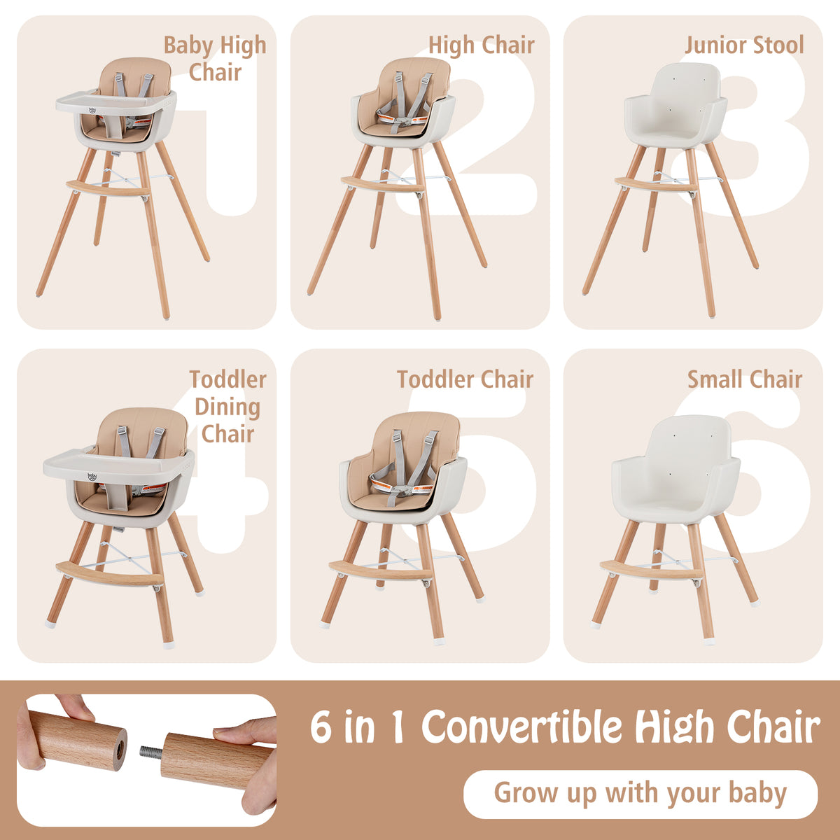 Light Brown 6-in-1 Convertible Wooden Baby Highchair with Safety Harness & Adjustable Legs