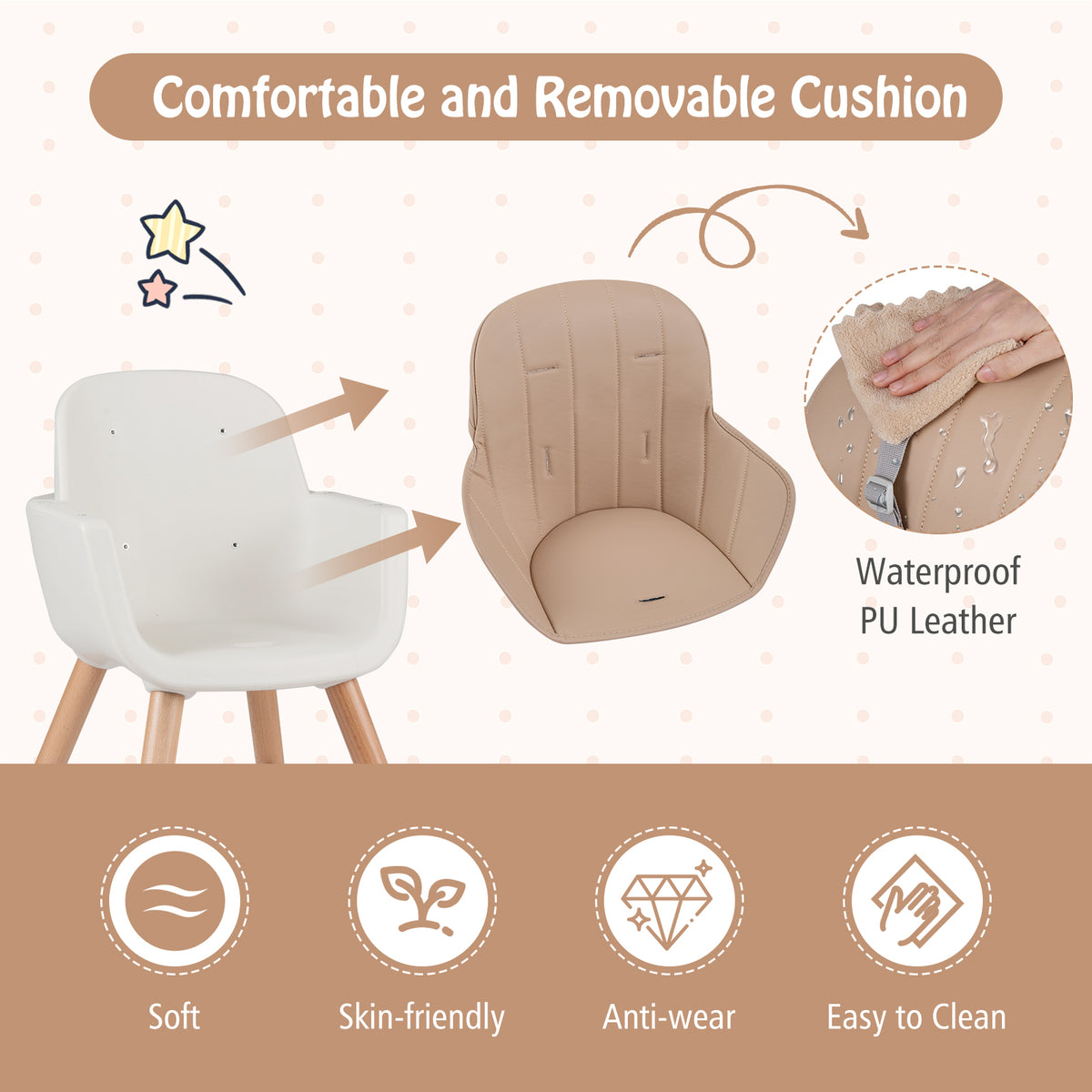 Light Brown 6-in-1 Convertible Wooden Baby Highchair with Safety Harness & Adjustable Legs