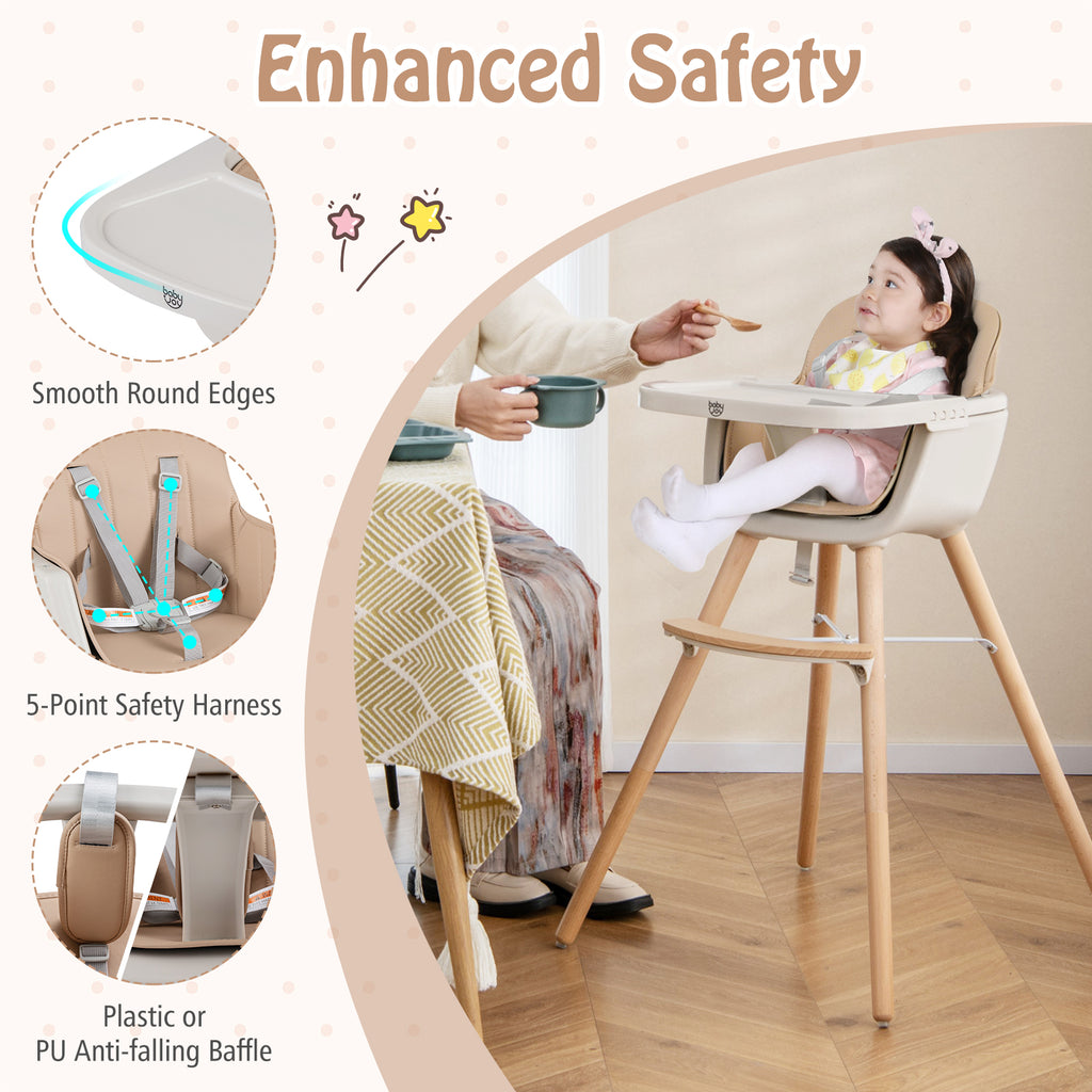 Light Brown 6-in-1 Convertible Wooden Baby Highchair with Safety Harness & Adjustable Legs