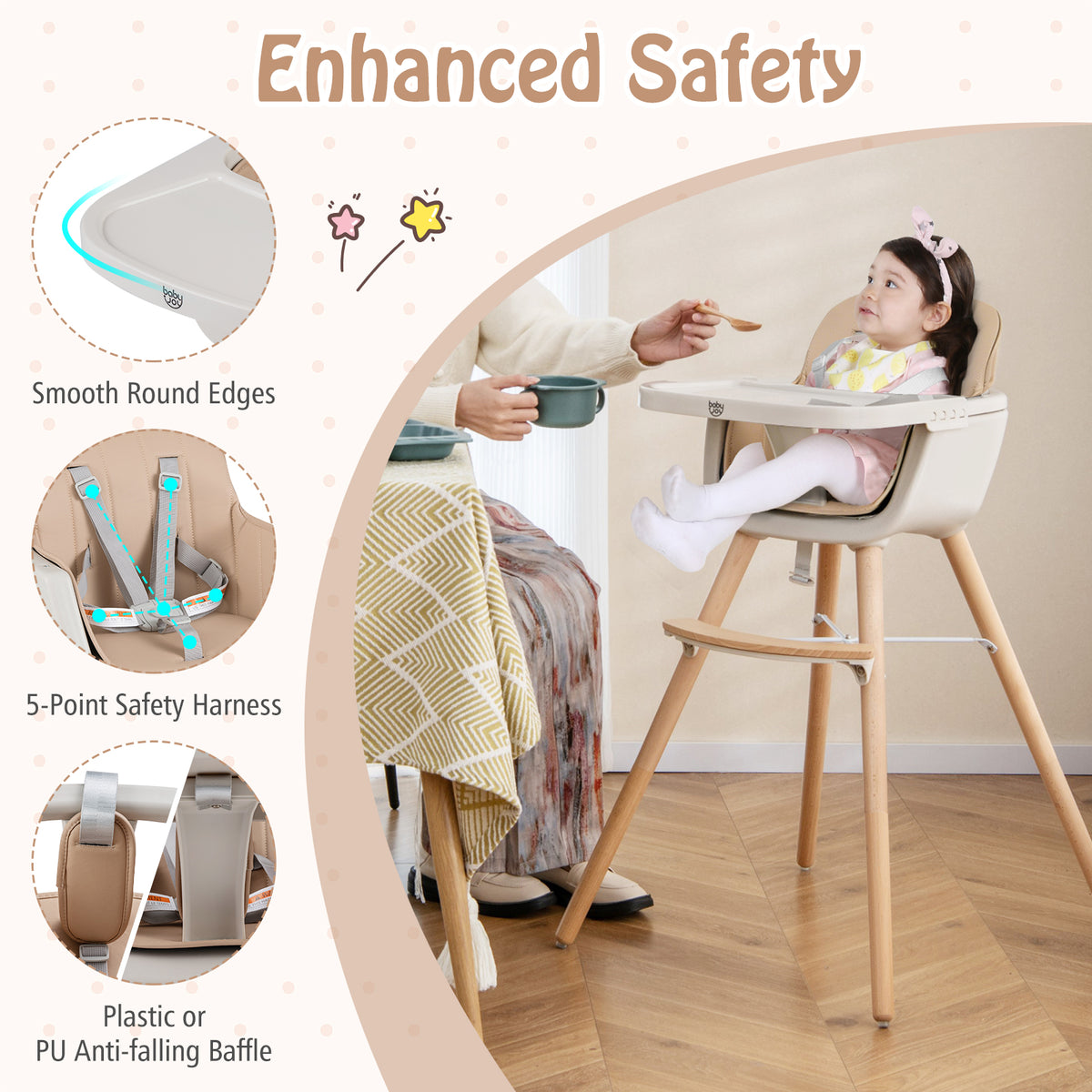 Light Brown 6-in-1 Convertible Wooden Baby Highchair with Safety Harness & Adjustable Legs