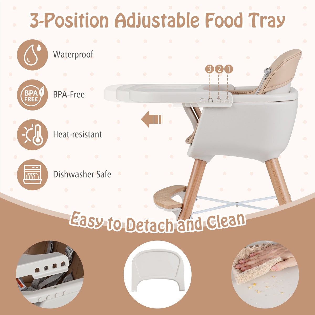 Light Brown 6-in-1 Convertible Wooden Baby Highchair with Safety Harness & Adjustable Legs