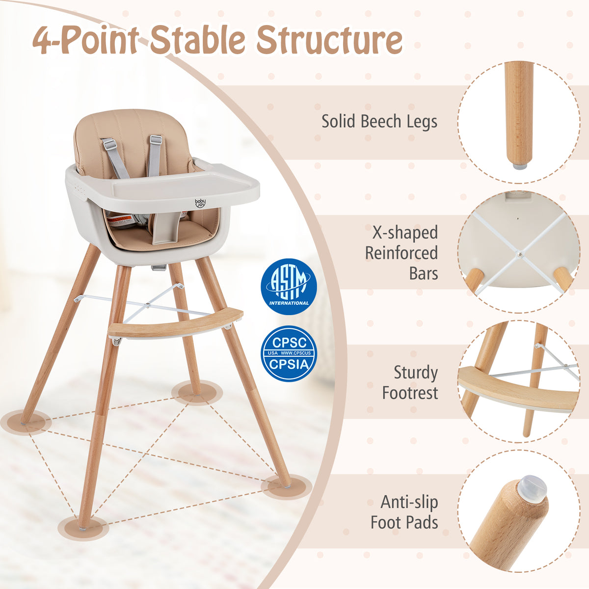 Light Brown 6-in-1 Convertible Wooden Baby Highchair with Safety Harness & Adjustable Legs