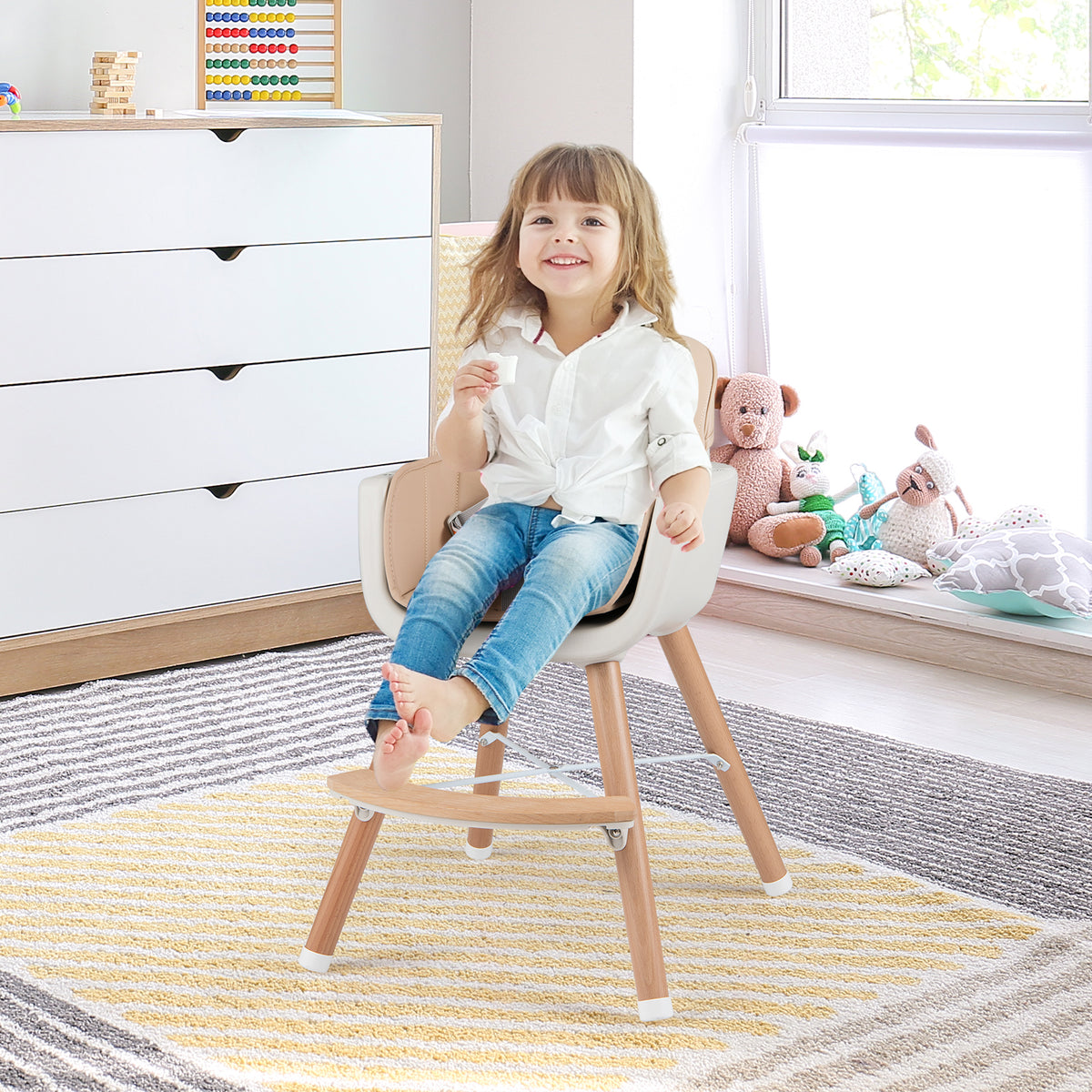 Light Brown 6-in-1 Convertible Wooden Baby Highchair with Safety Harness & Adjustable Legs