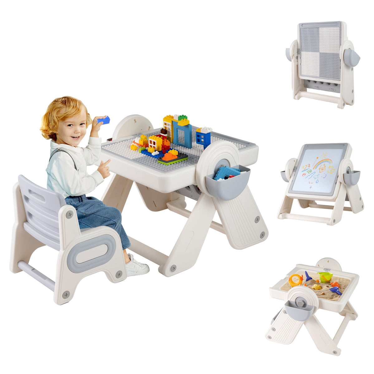Kids 6-in-1 Multi-Activity Table and Chair Set Folding Art Easel - Gray & White