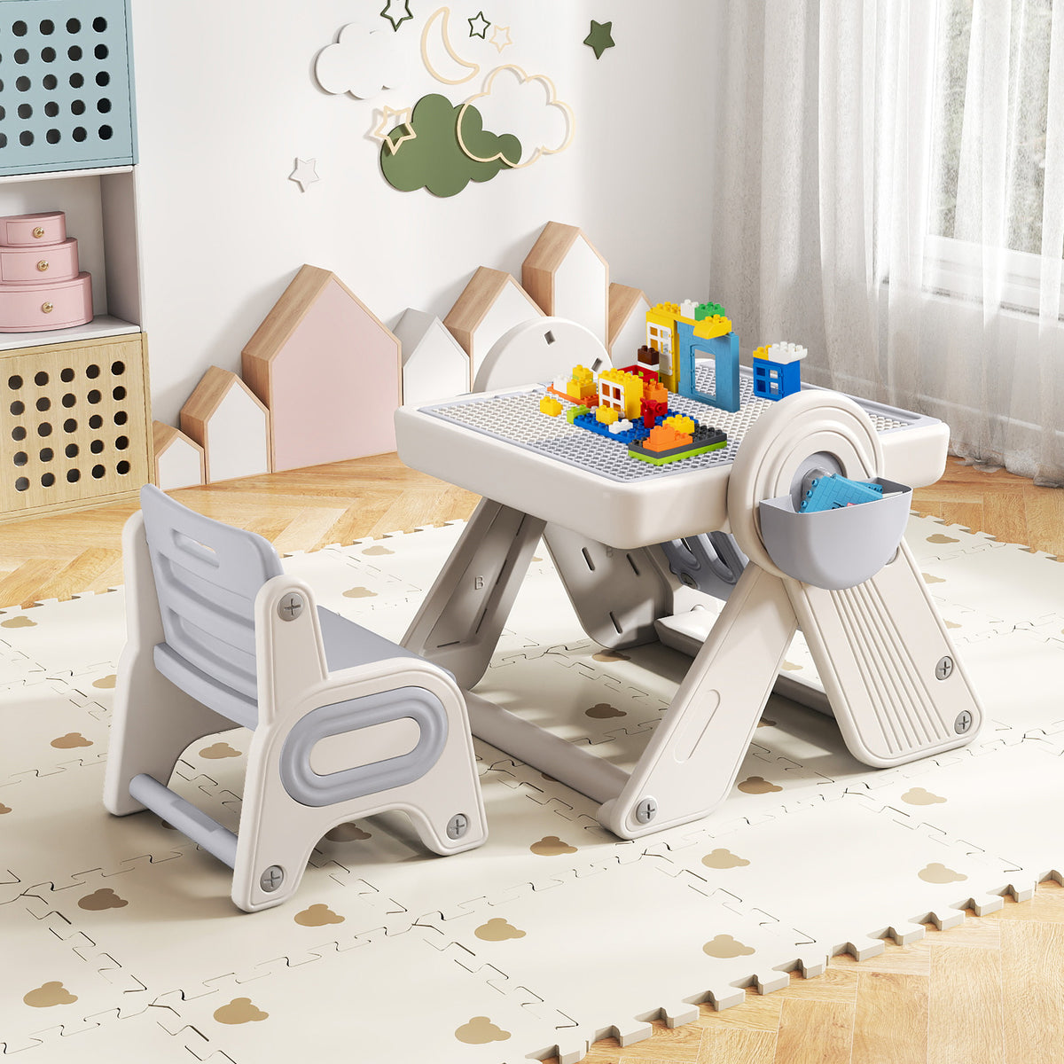 Kids 6-in-1 Multi-Activity Table and Chair Set Folding Art Easel - Gray & White