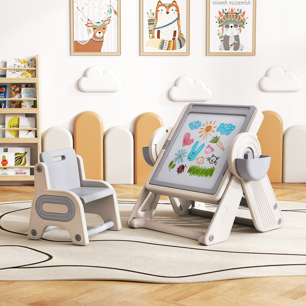 Kids 6-in-1 Multi-Activity Table and Chair Set Folding Art Easel - Gray & White