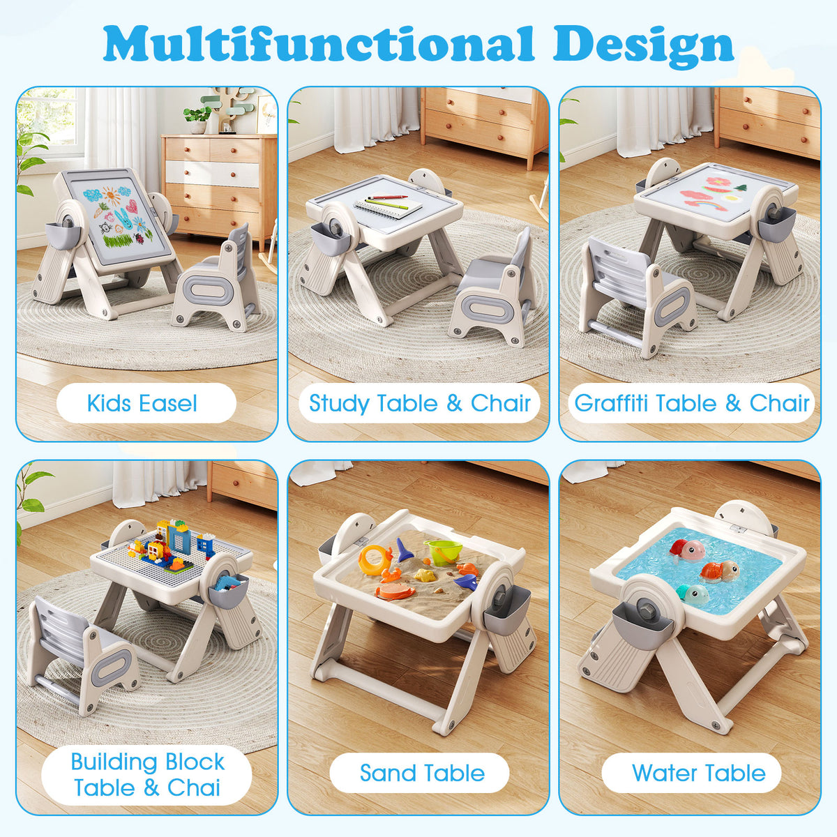 Kids 6-in-1 Multi-Activity Table and Chair Set Folding Art Easel - Gray & White