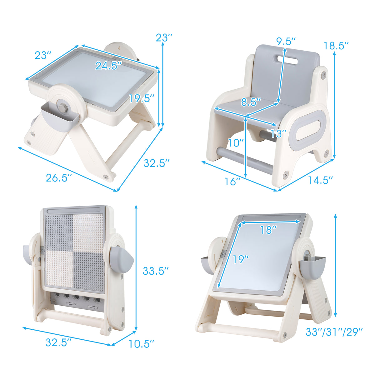 Kids 6-in-1 Multi-Activity Table and Chair Set Folding Art Easel - Gray & White