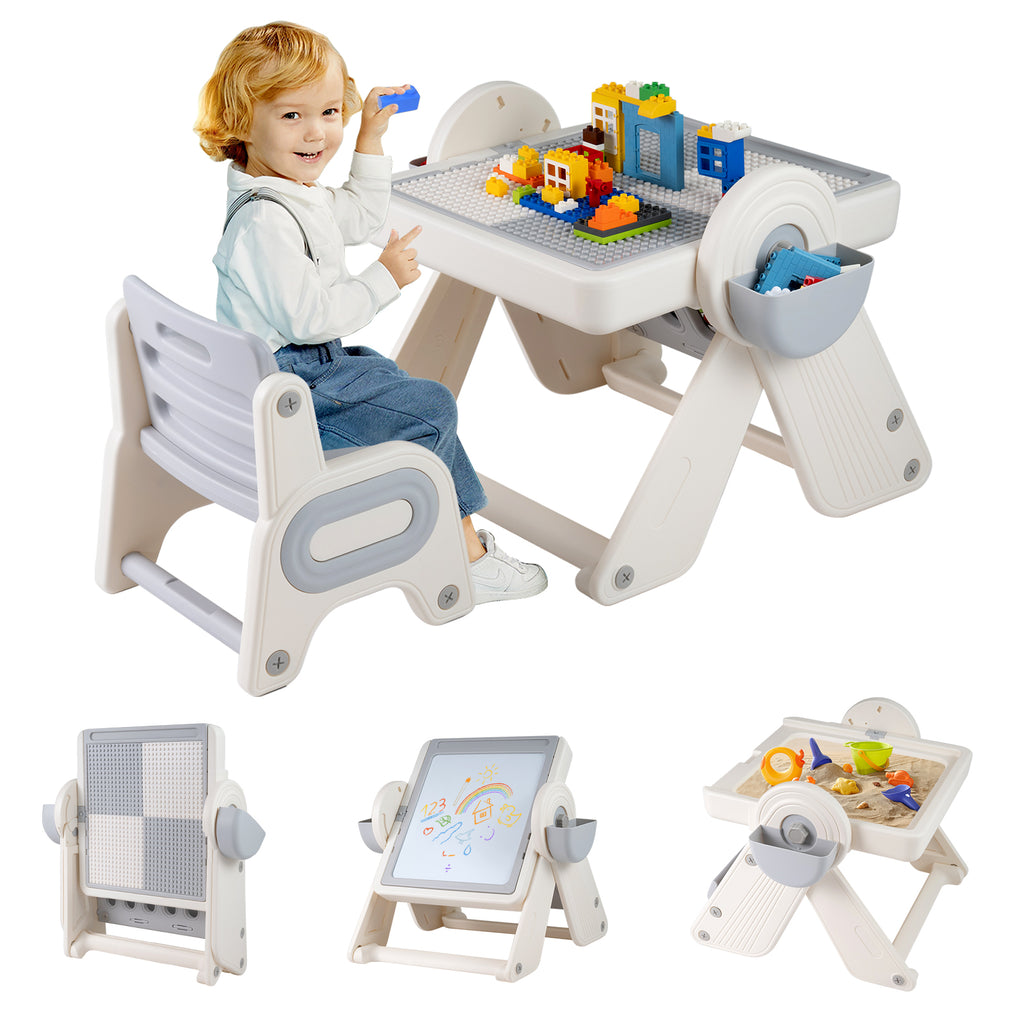 Kids 6-in-1 Multi-Activity Table and Chair Set Folding Art Easel - Gray & White