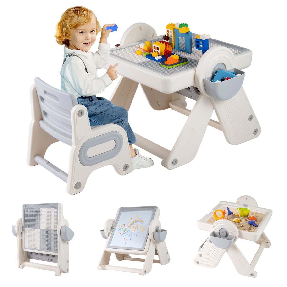 Kids 6-in-1 Multi-Activity Table and Chair Set Folding Art Easel - Gray & White