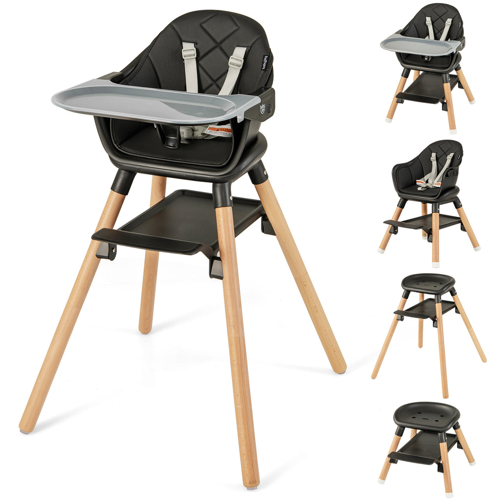 6-in-1 Convertible Baby Highchair with Safety Harness & Removable Tray - Black