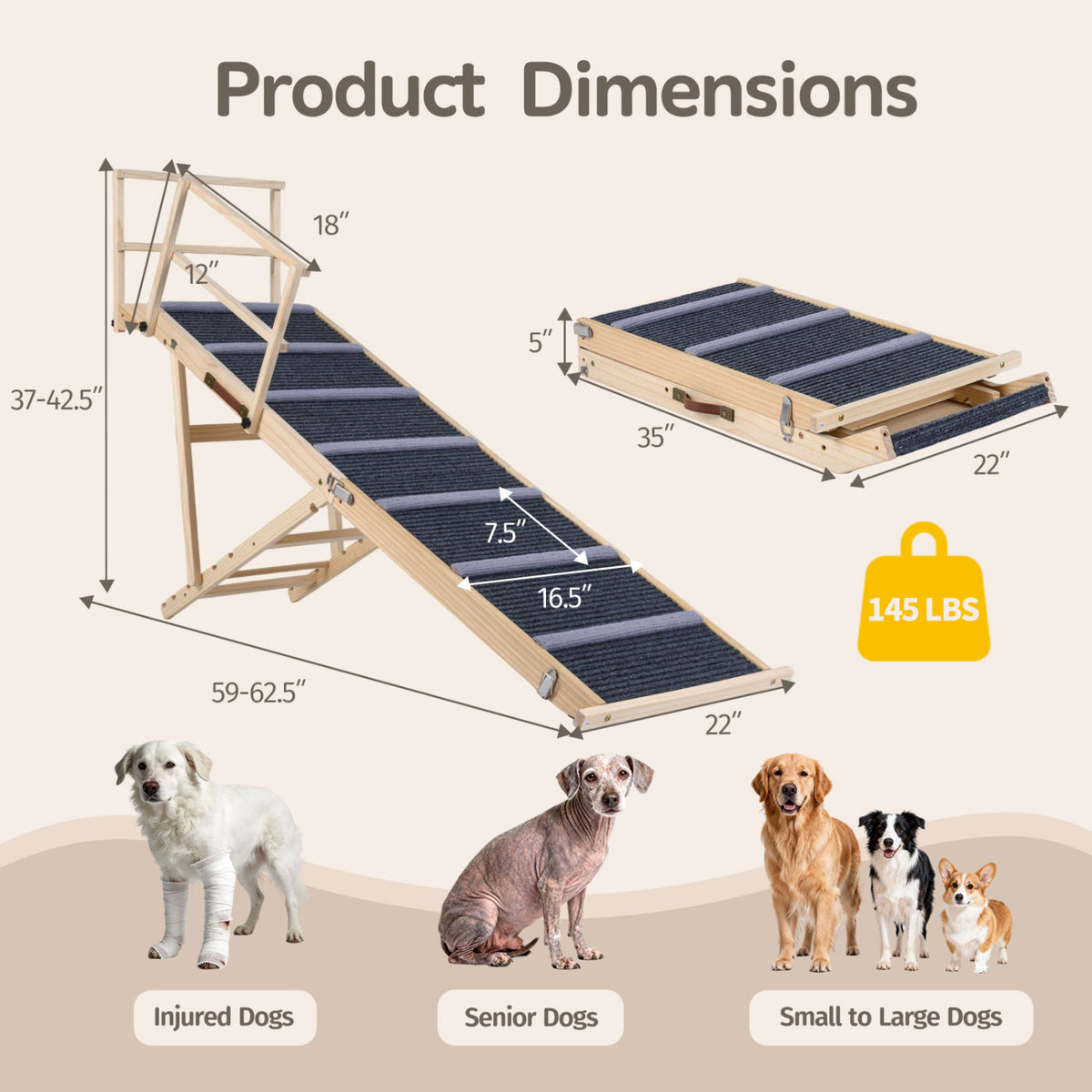 Foldable Dog Ramp - 6-Level Height Adjustable for High Beds & Couches - Dark Gray