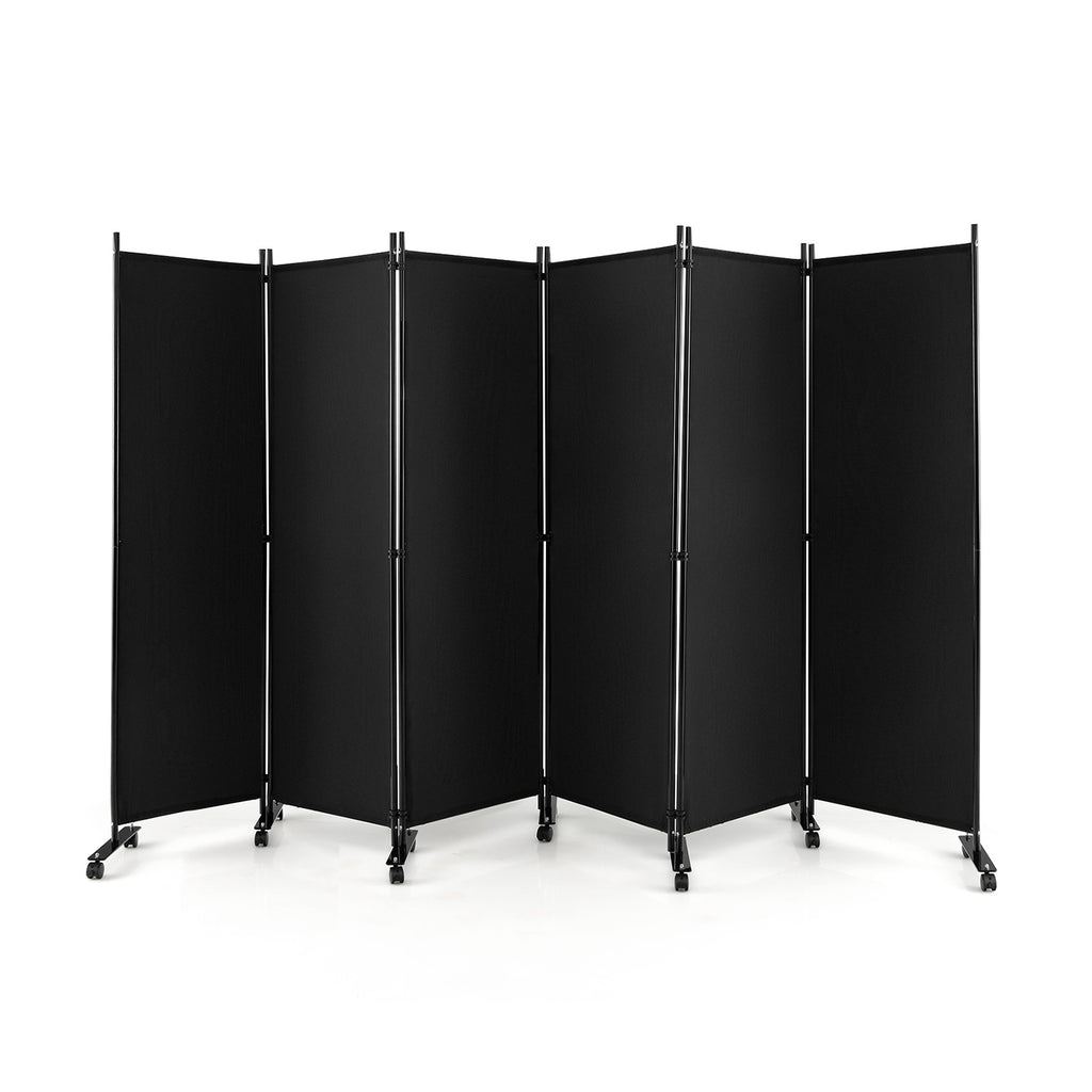 6 Panel Rolling Room Divider on Wheels - 5.7 Feet Tall, Brown, Foldable Privacy Screen