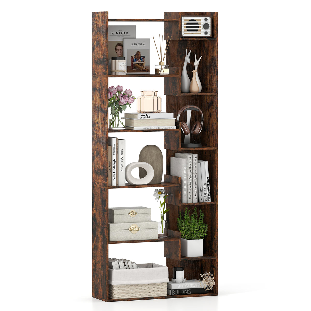 6-Tier Wooden Bookshelf with Anti-Tipping Kit - Rustic Brown
