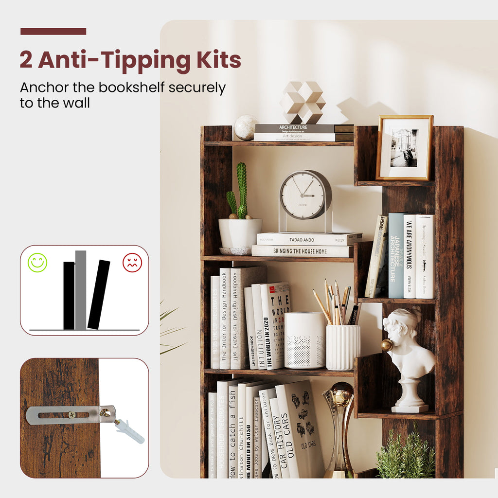 6-Tier Wooden Bookshelf with Anti-Tipping Kit - Rustic Brown