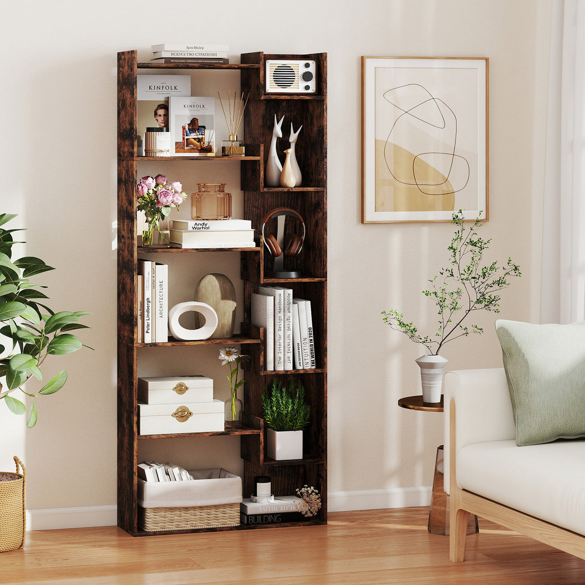 6-Tier Wooden Bookshelf with Anti-Tipping Kit - Rustic Brown