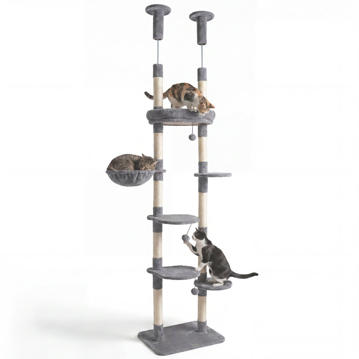 Gray 6-Tier Floor-to-Ceiling Cat Tree with Plush Bed & Sisal Posts