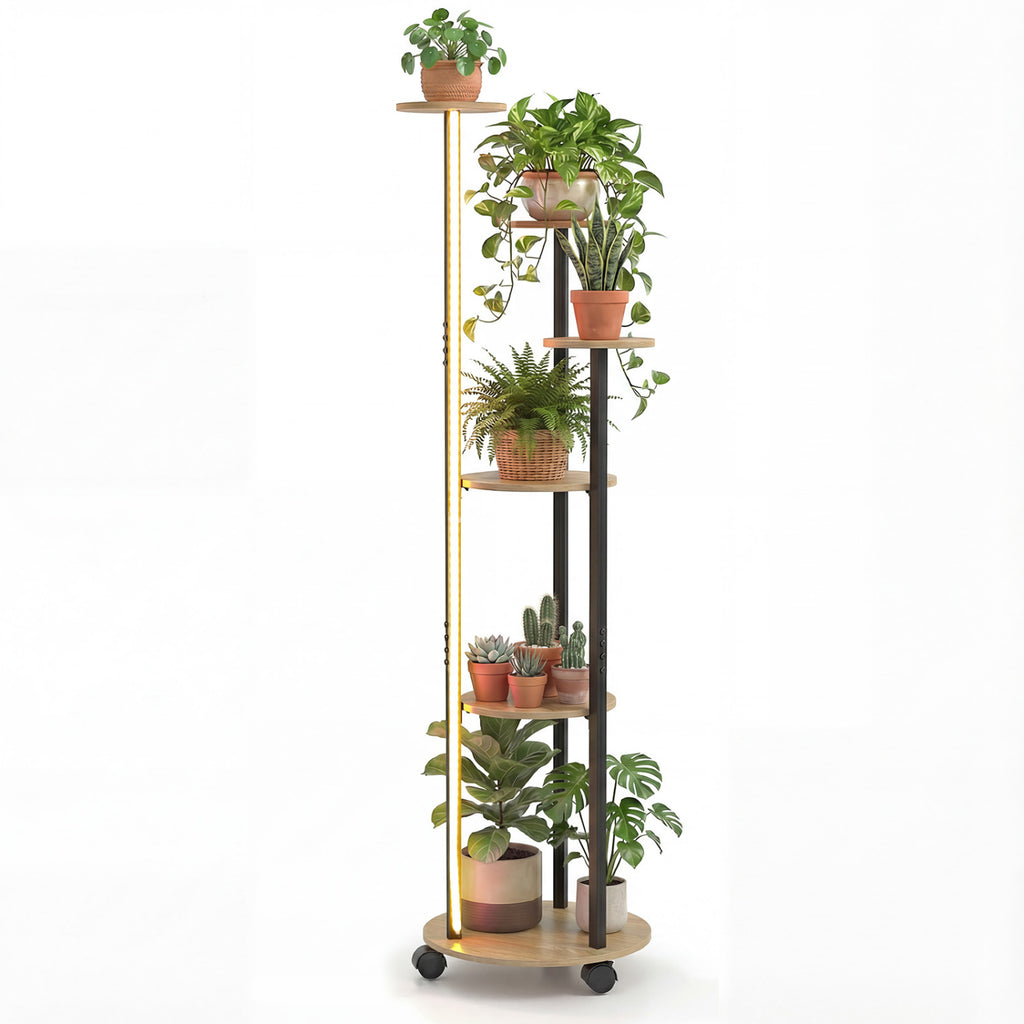 6-Tier Plant Stand with RGB Light and Wheels, 57in - Natural