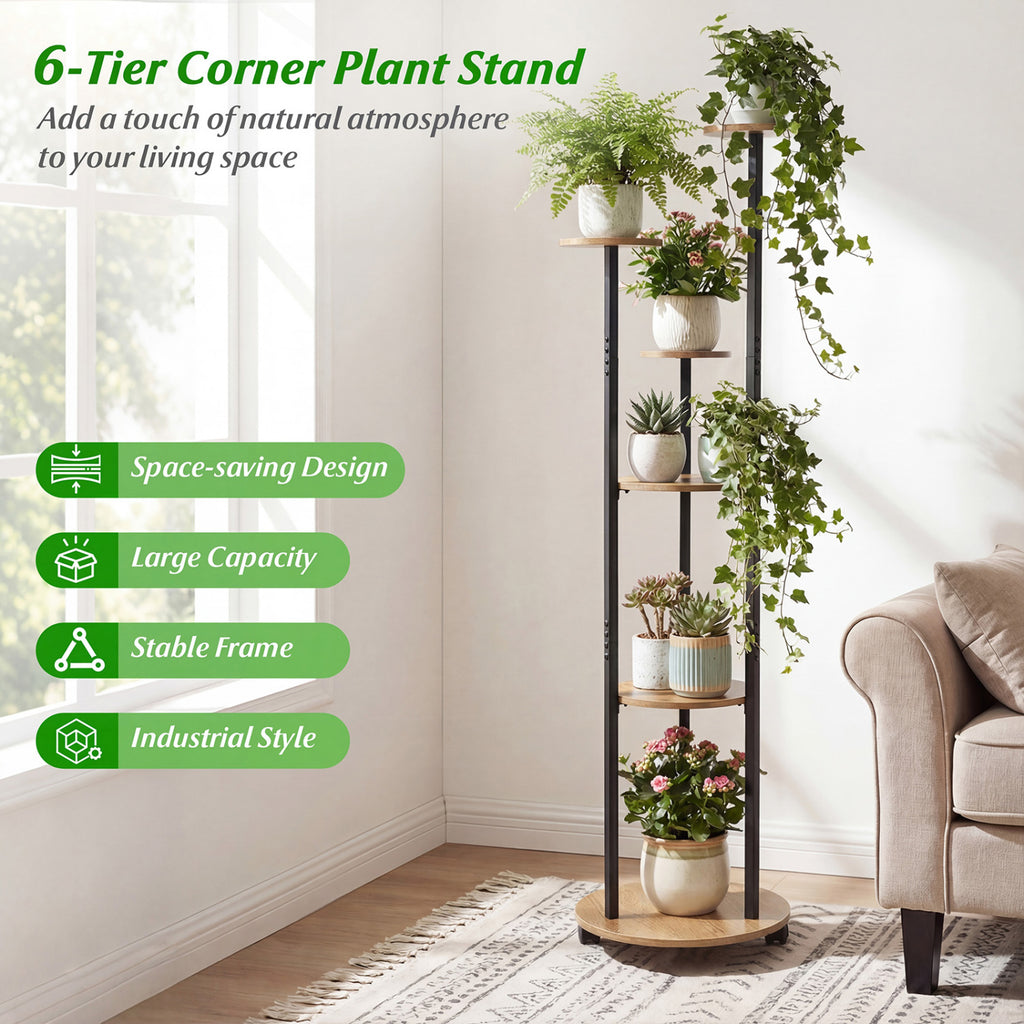 6-Tier Plant Stand with RGB Light and Wheels, 57in - Natural